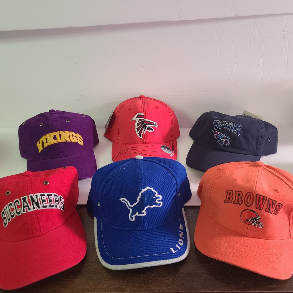 VTG NFL Hat Lot 6 Vikings Falcons Titans Buccaneers Lions Browns Drew Pearson